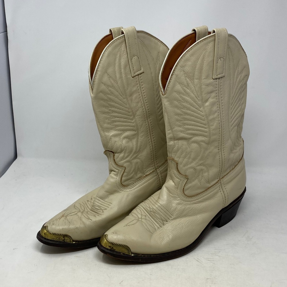 Vintage Off White Leather Western Cowboy Boots Metal Toe Tips USA Made 9.5 D